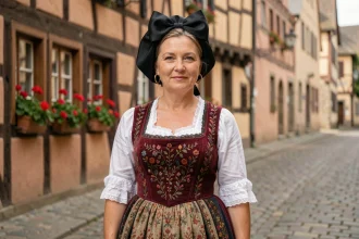 Femme portant un costume traditionnel alsacien authentique avec nœud kokerscht noir et broderies florales rouges dans une rue à colombages de Strasbourg