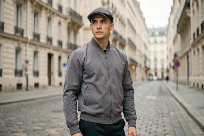 Homme avec une coupe casquette moderne et nette, portant un bomber jacket gris ardoise dans une rue pavée parisienne, style éditorial 2026
