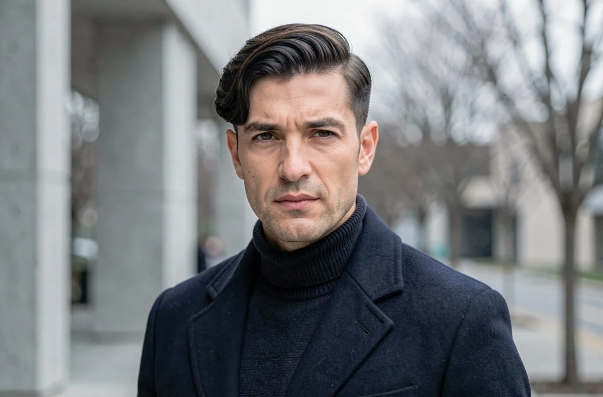 Portrait éditorial d'un homme avec une coupe casquette volumineuse et raie côté, manteau marine, cadre architectural moderne en hiver 2026