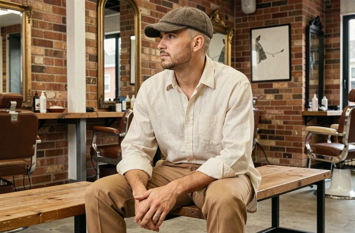 Homme aux cheveux coupe casquette avec dégradé assis dans un salon de coiffure vintage, coupe tendance homme 2026