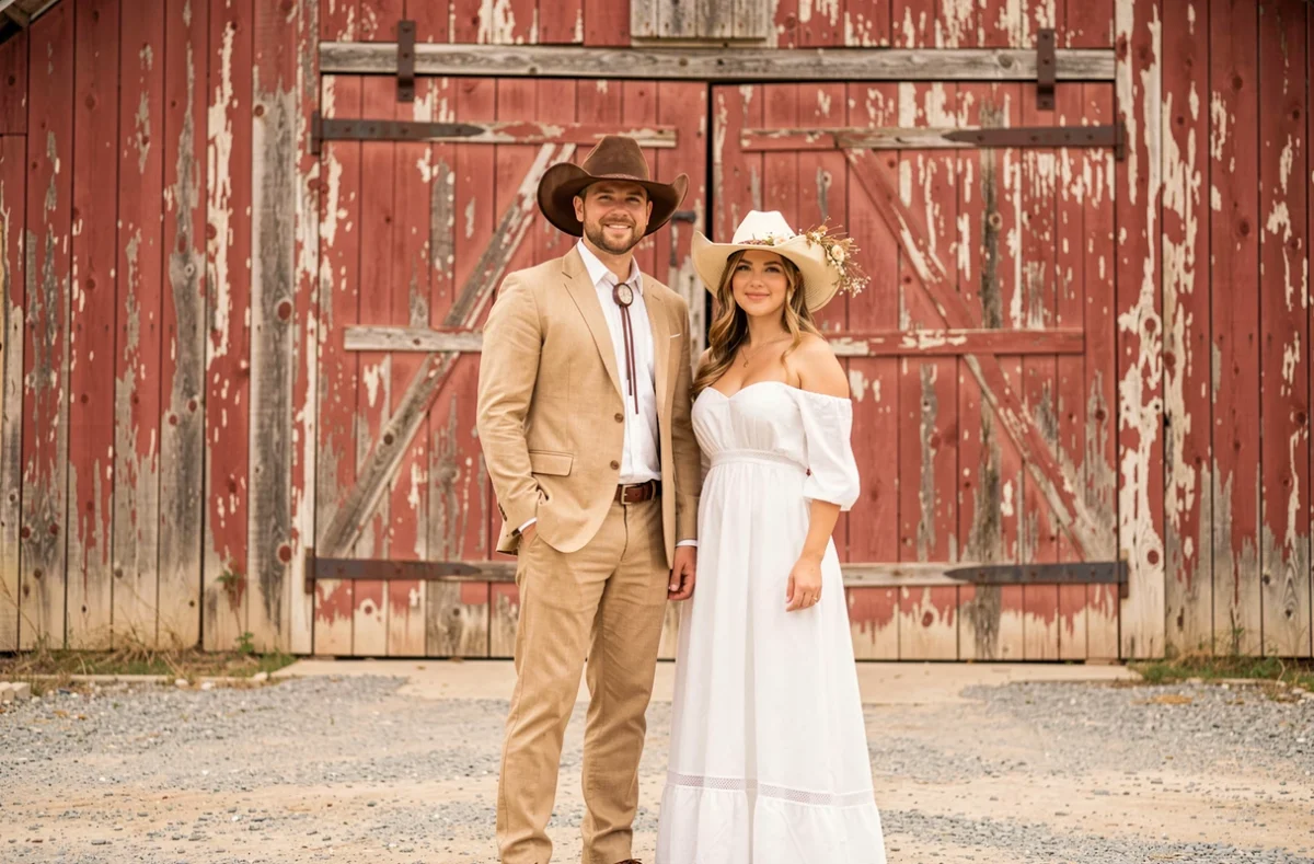 Couple de mariés en tenues western devant une grange en bois rouge portant des chapeaux de cowboy assortis lors d'un mariage champêtre