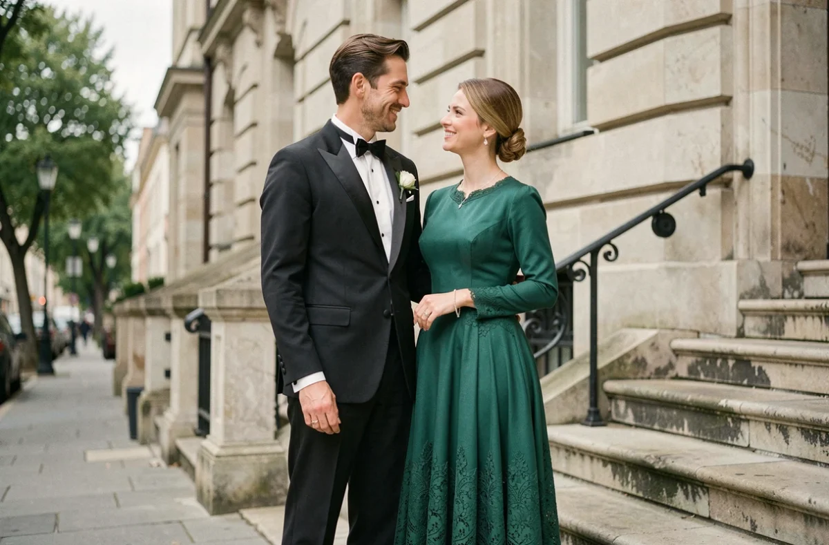 Couple en tenues vintage élégantes devant une façade en pierre, robe longue verte et smoking années 70 pour un mariage ou soirée