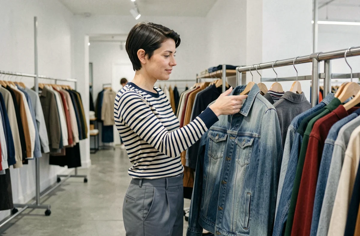 Une femme inspecte une veste en jean vintage dans la friperie Culture Seconde à Cherbourg-en-Cotentin, boutique moderne aux portants colorés bien organisés.