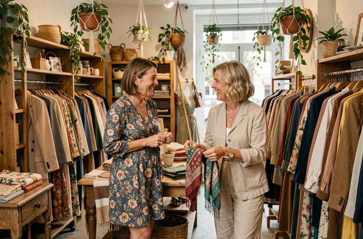 Boutique De l'Une à l'Autre à Besançon avec deux clientes partageant un moment convivial parmi les vêtements