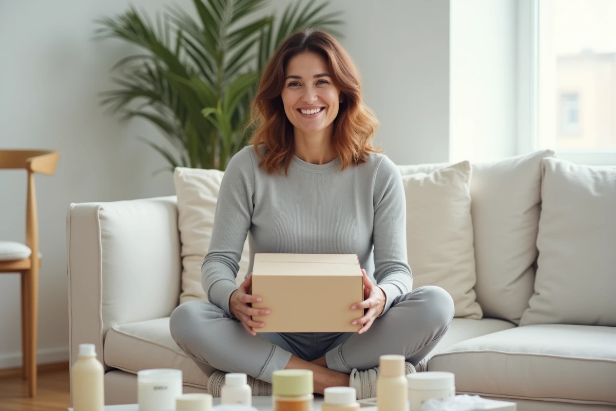Femme découvrant sa commande de produits cosmétiques coréens Yepoda dans son salon moderne