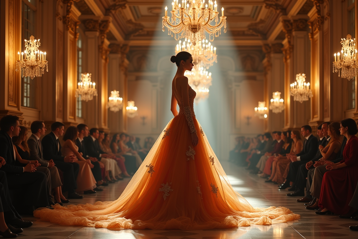 Mannequin portant une robe haute couture dans un salon français historique