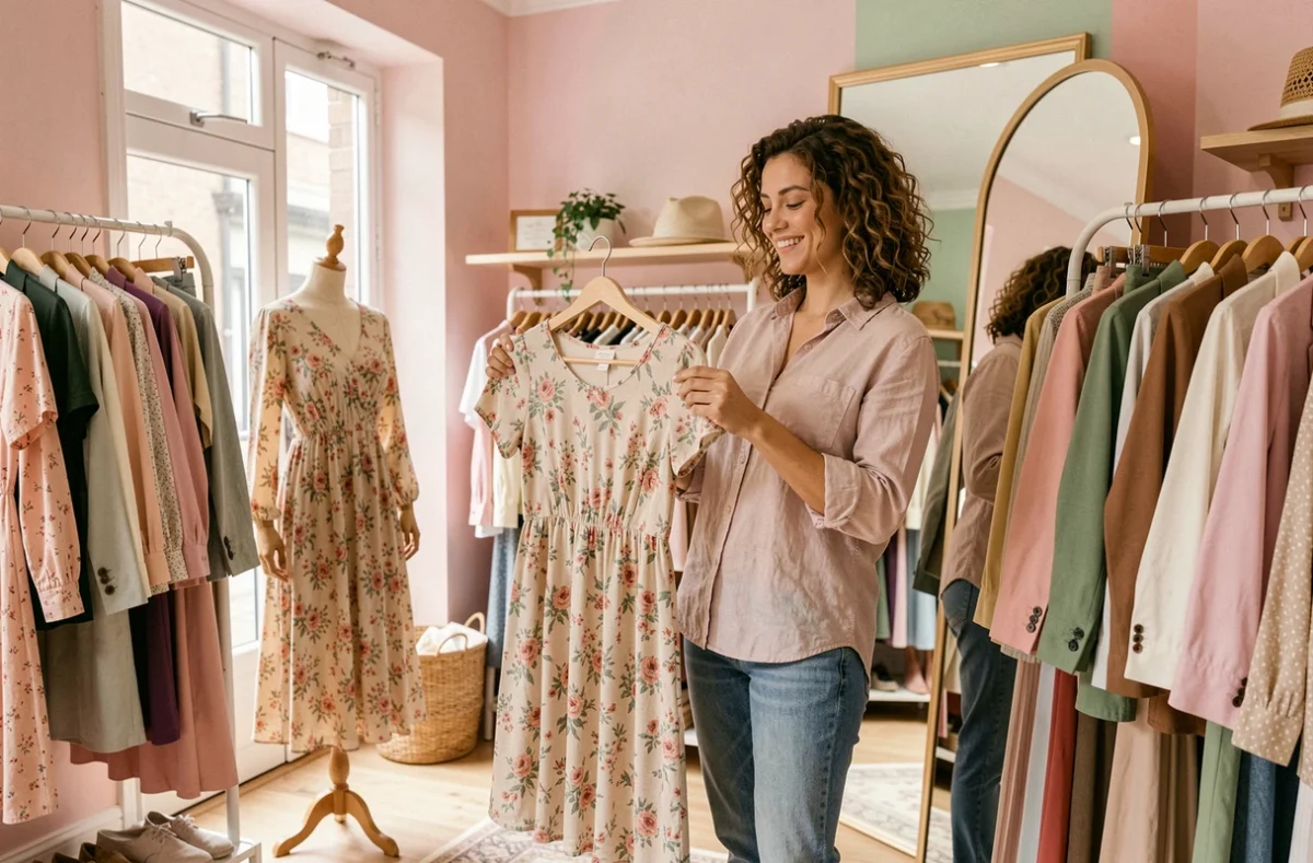 Cliente dans le dépôt-vente Des'Habits et Vous tenant une robe fleurie devant un miroir parmi des portants de vêtements féminins