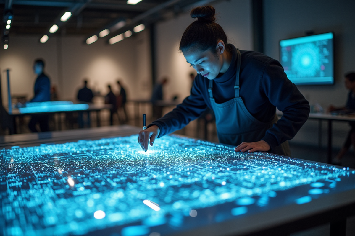 Concepteur textile examinant un échantillon de tissu high-tech interactif