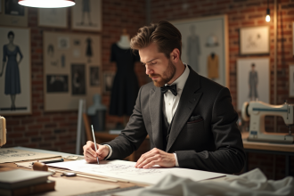 Dessinateur de mode homme dans un atelier élégant du début 20e siècle