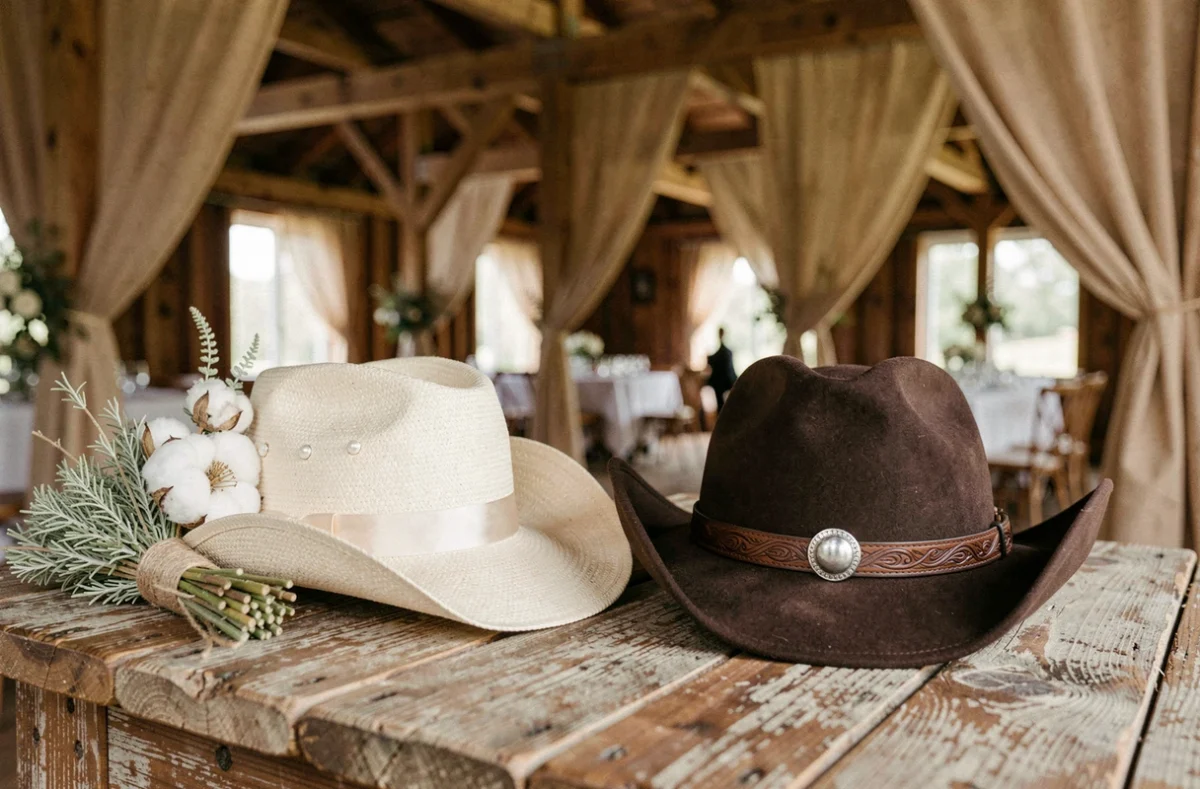 Détail de deux chapeaux de cowboy de mariage posés sur une table en bois brut avec bouquet de fleurs séchées pour un thème western élégant