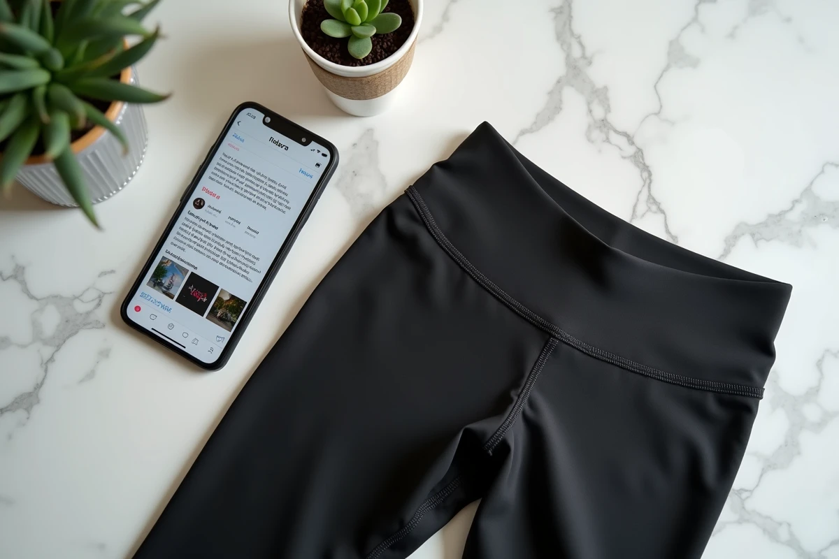 Détail d'un legging Halara noir posé sur marbre avec smartphone affichant des avis clients