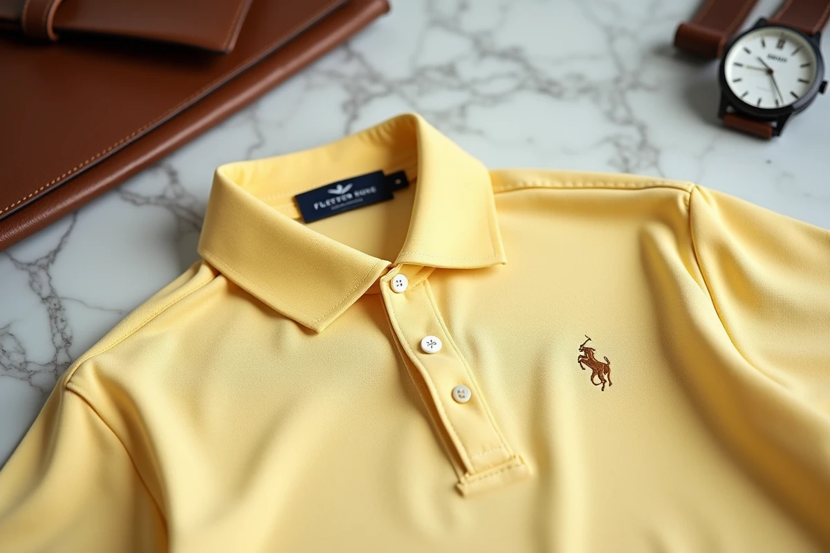 Détail du logo cheval brodé sur un polo de marque premium en coton piqué jaune pâle