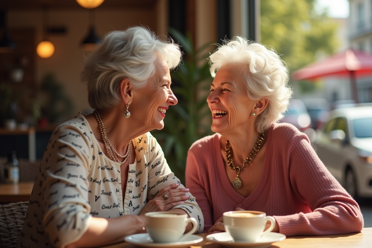 Deux femmes seniors souriantes au café partageant un moment convivial