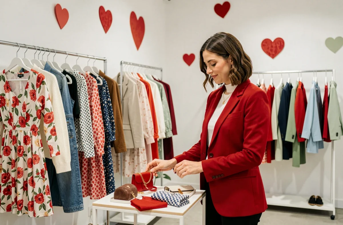Boutique Dix de Coeur à Besançon avec des vêtements féminins colorés et une propriétaire arrangeant des accessoires