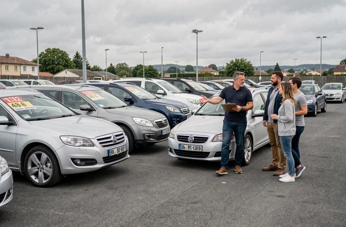 Conseiller de D.V.A Automobiles présentant des véhicules d'occasion à un couple de clients sur un parking de dépôt-vente dans le Rhône