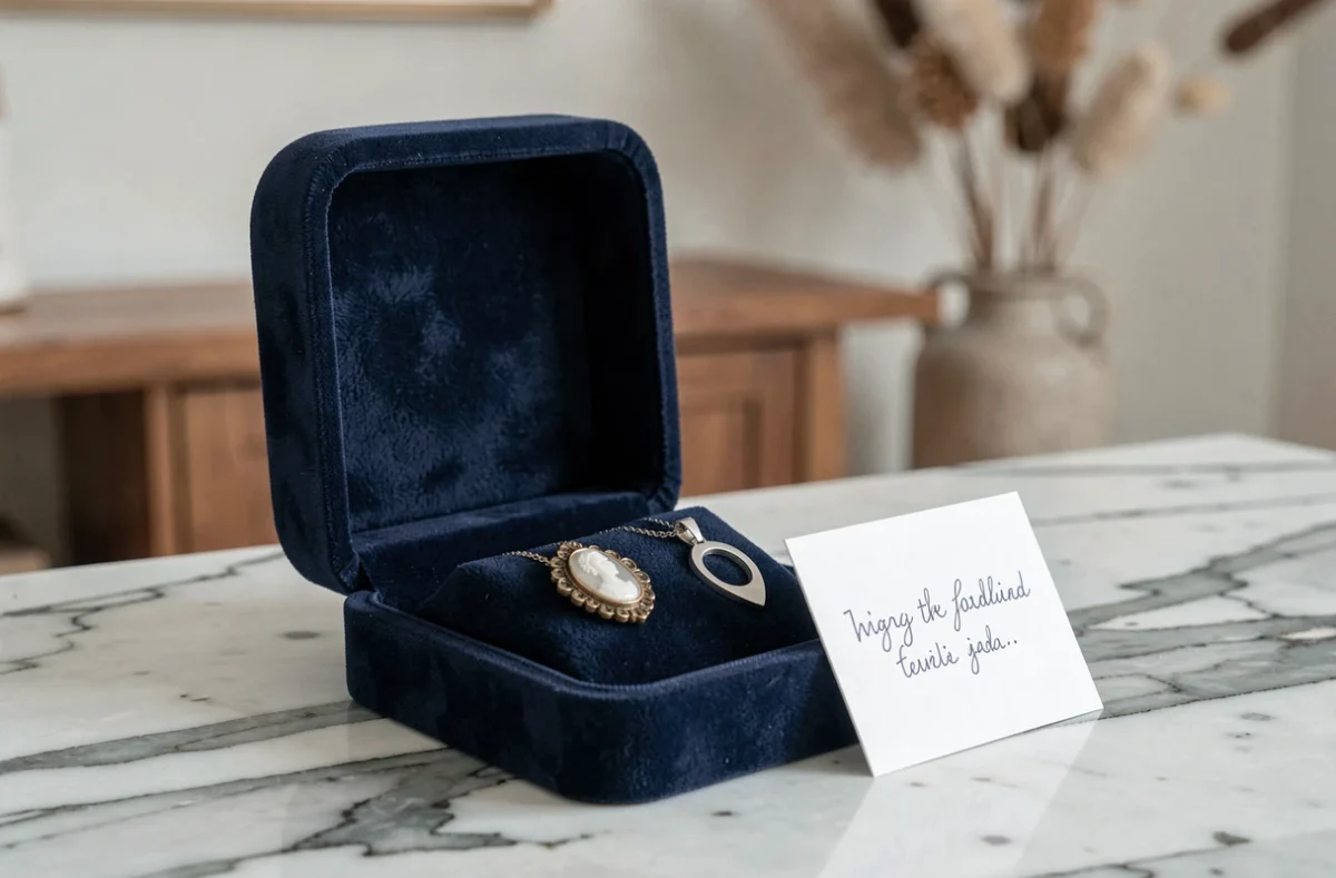 Camée vintage et pendentif moderne présentés ensemble dans un écrin en velours bleu marine sur marbre