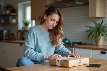 Femme emballant un colis dans une cuisine chaleureuse