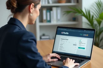 Employée La Poste modifiant sa taille et son adresse dans l'espace Mon habillement sur un ordinateur portable au bureau