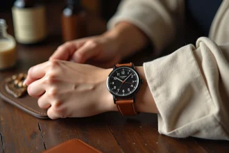 Femme entretenant le bracelet en cuir double d'une montre avec un chiffon doux et des produits de soin du cuir