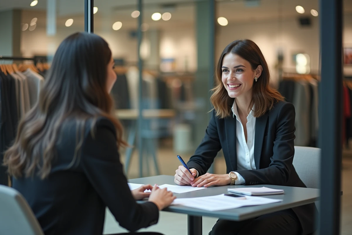 Entretien de développement de carrière entre une manager et un employé dans l'espace bureau d'un magasin de prêt-à-porter