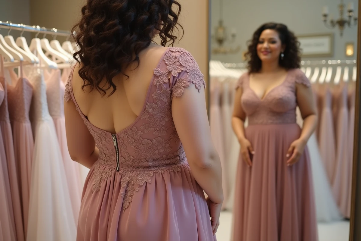 Femme ronde essayant une robe de soirée rose en dentelle dans une boutique de mariage