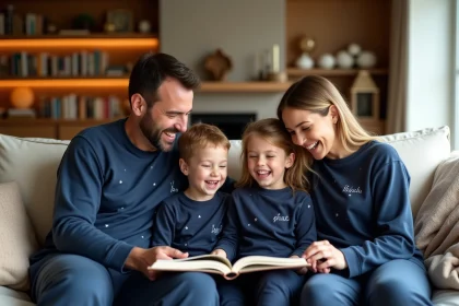 Famille en pyjamas personnalisés assortis lisant un livre ensemble sur un canapé en lin dans un salon chaleureux