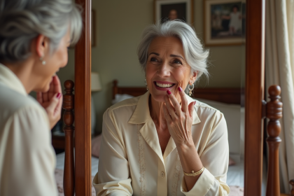 Femme élégante de 60 ans appliquant un rouge à lèvres rose