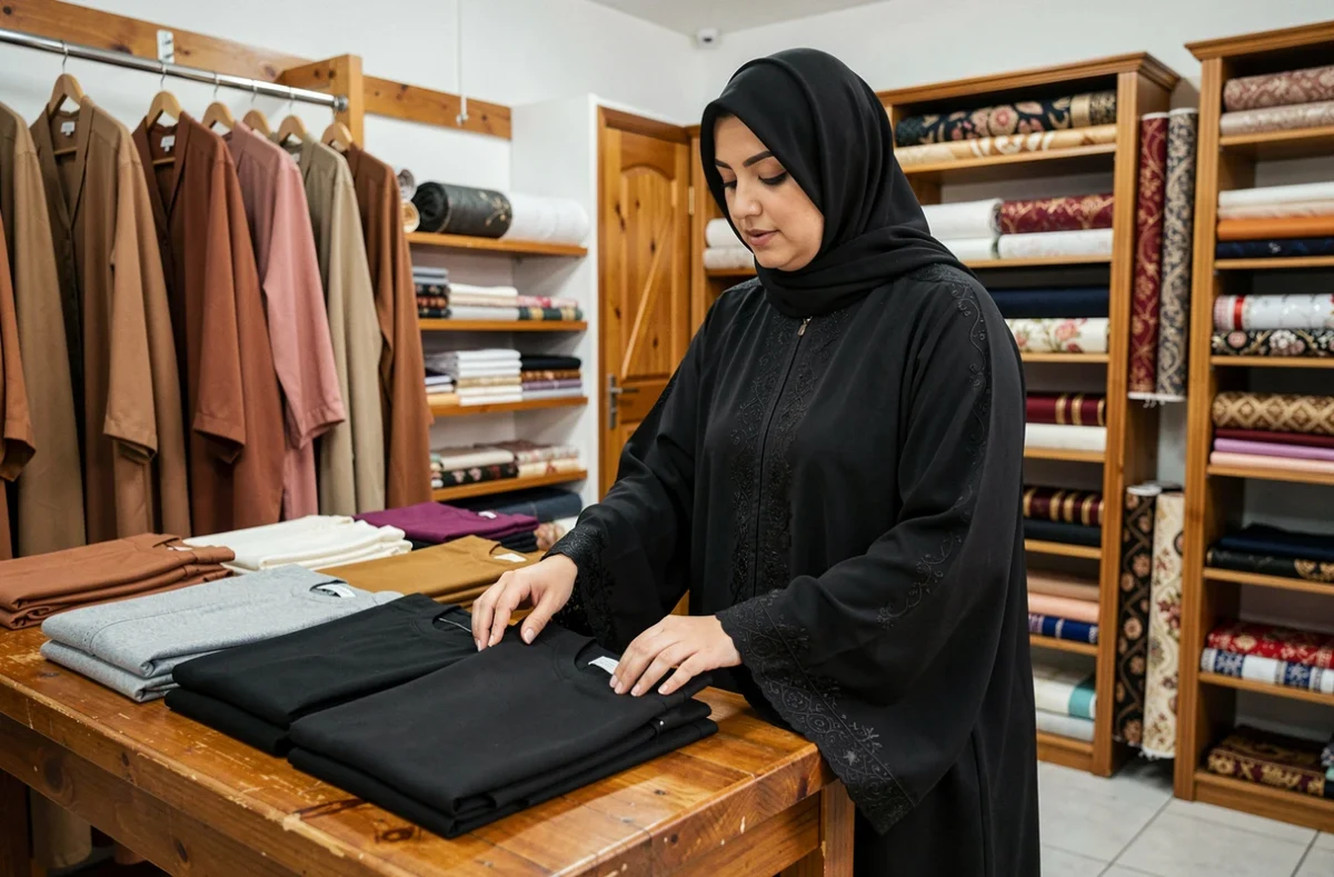Femme en abaya noire brodée consultant des vêtements dans une boutique de mode islamique