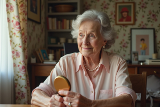 Femme âgée se maquillant dans un intérieur chaleureux