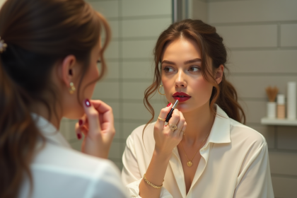 Femme appliquant du rouge à lèvres devant un miroir élégant