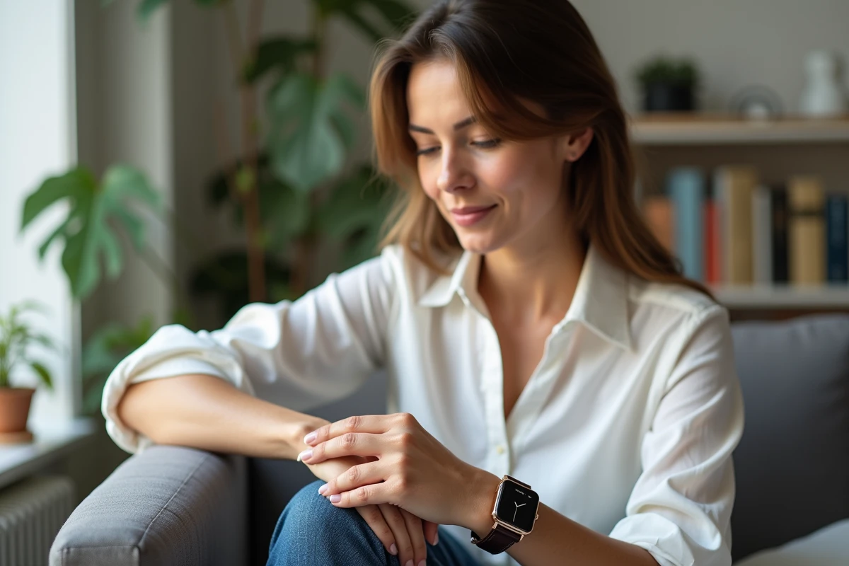 Femme appliquant un produit entretien sur sa montre à double bracelet en cuir près d'une fenêtre dans un appartement