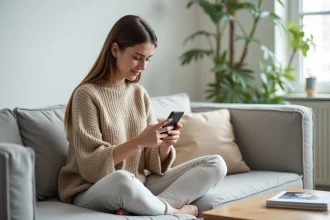 Jeune femme utilisant l'application The Bradery sur smartphone dans un salon moderne et décoré avec soin