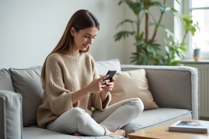 Jeune femme utilisant l'application The Bradery sur smartphone dans un salon moderne et décoré avec soin