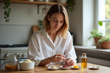 Jeune femme examine des ingrédients naturels pour lipstick