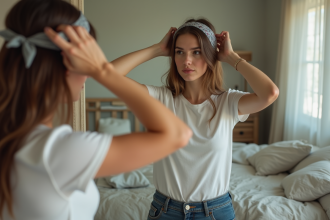 Jeune femme ajustant un bandeau dans le miroir