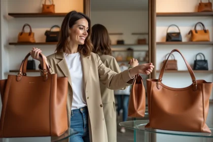 Femme élégante choisissant un sac dans une boutique chic