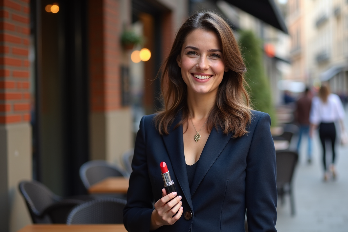 Jeune femme brune souriante avec rouge à lèvres en extérieur