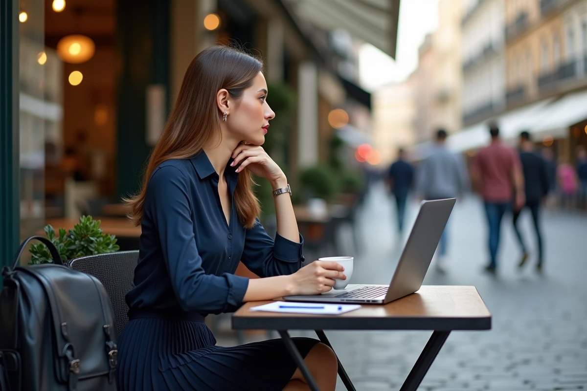 Jeune femme au café terrasse avec sac en cuir noir
