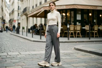Femme en sneakers chunky Balenciaga style portées avec un pantalon large et col roulé minimaliste dans une rue parisienne