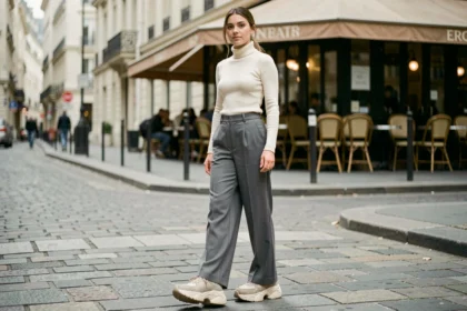 Femme en sneakers chunky Balenciaga style portées avec un pantalon large et col roulé minimaliste dans une rue parisienne