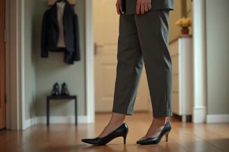 Jeune femme en costume regardant ses chaussures en cuir