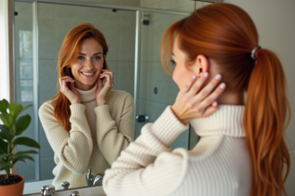 Femme aux cheveux cuivre ajustant sa coiffure dans un miroir de salle de bain
