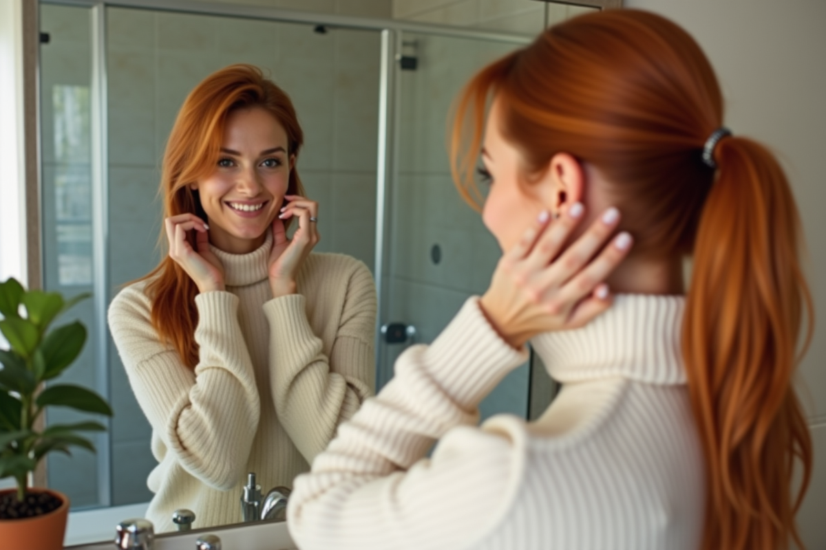 Femme aux cheveux cuivre ajustant sa coiffure dans un miroir de salle de bain