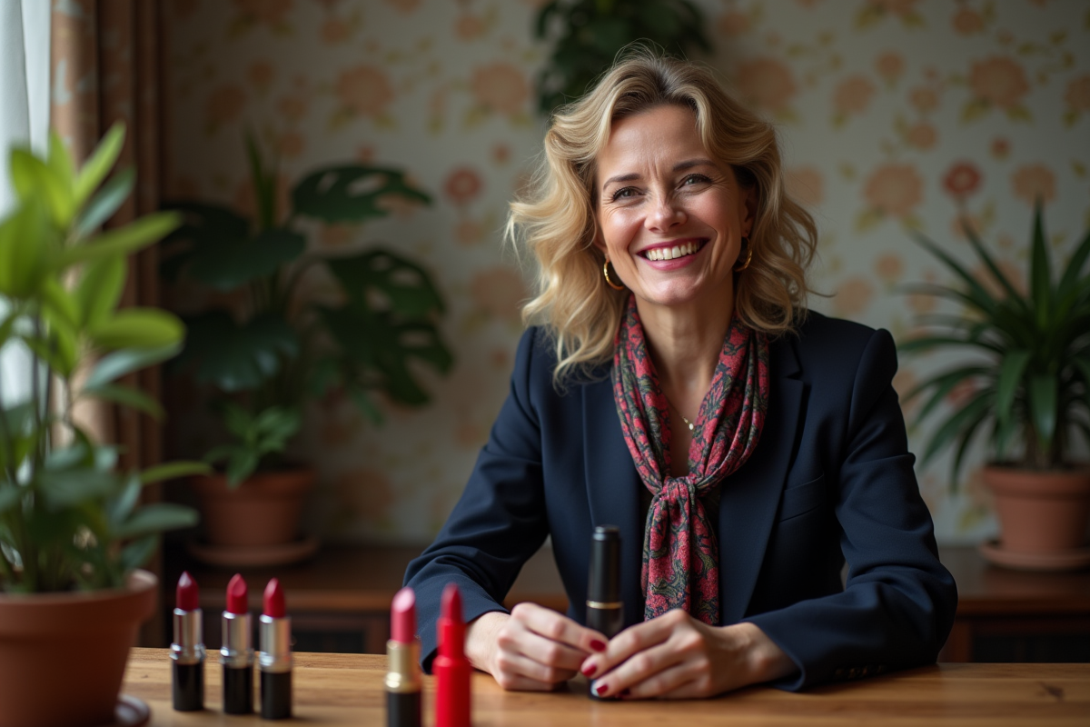 Femme souriante compare des rouges à lèvres sur une coiffeuse