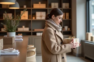Femme élégante examinant un cadeau en boutique