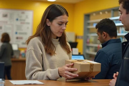 Femme tenant un colis à un comptoir de bureau de poste français sans point relais disponible pour Vinted