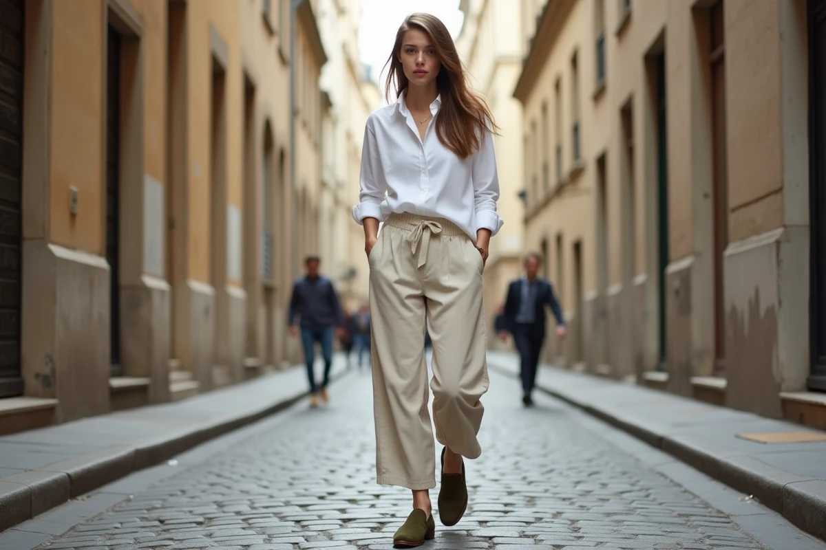 Femme portant des derbies unisexes françaises en daim olive dans une ruelle pavée parisienne avec une tenue minimaliste en lin