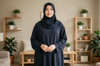 Femme portant un djilbeb bleu marine avec hijab assorti dans un salon décoré de plantes et étagères en bois