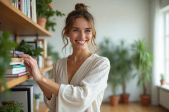 Femme en robe coton dans un salon lumineux