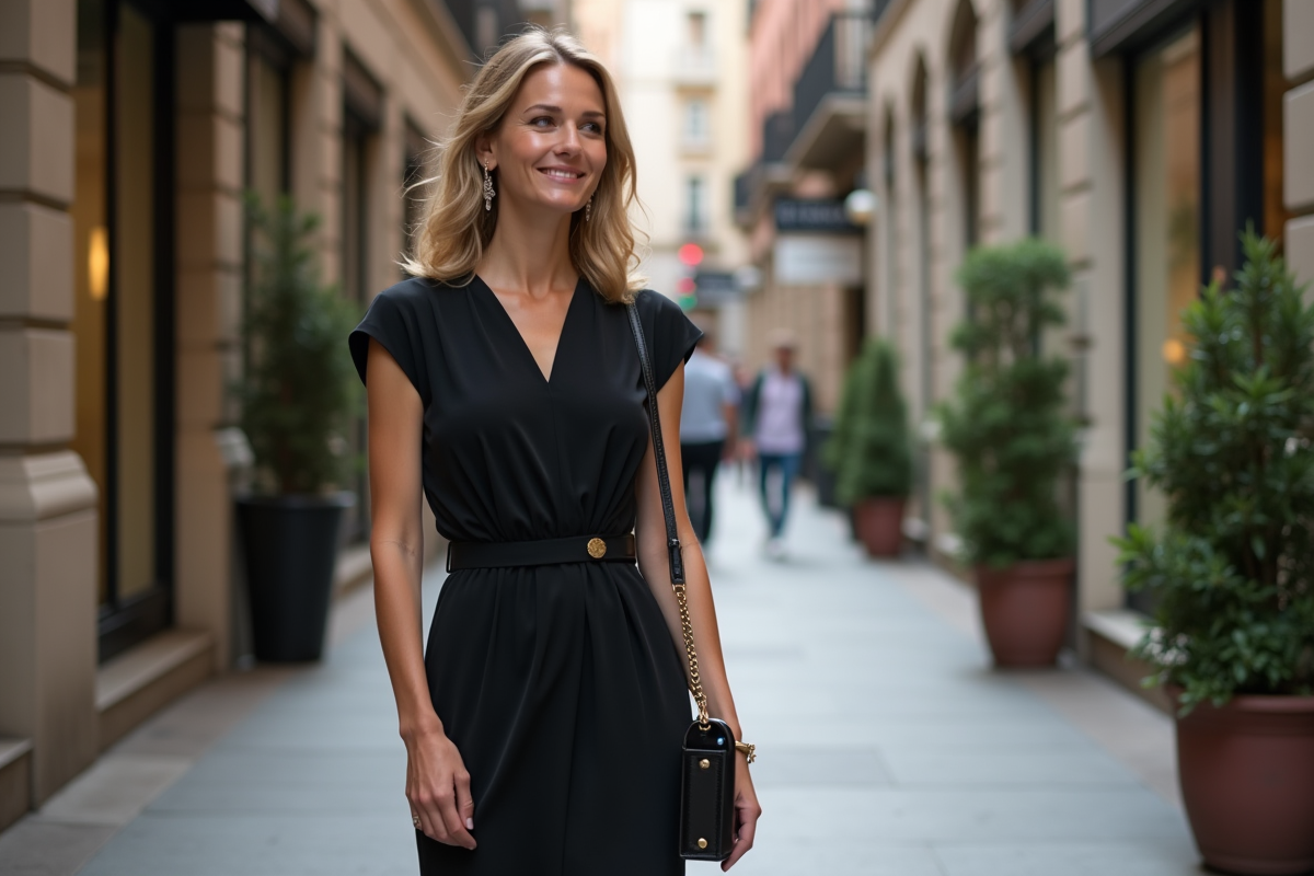 Femme en robe noire élégante dans la ville